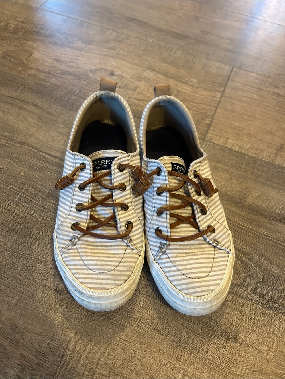 Sperry Women's Cream & White Striped Canvas Sneakers with Brown Laces